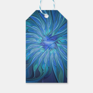 Étiquettes-cadeau Motif fantaisie fleur bleue, art fractal abstrait