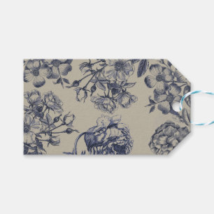 Étiquettes-cadeau Motif floral botanique toile bleue vintage antique