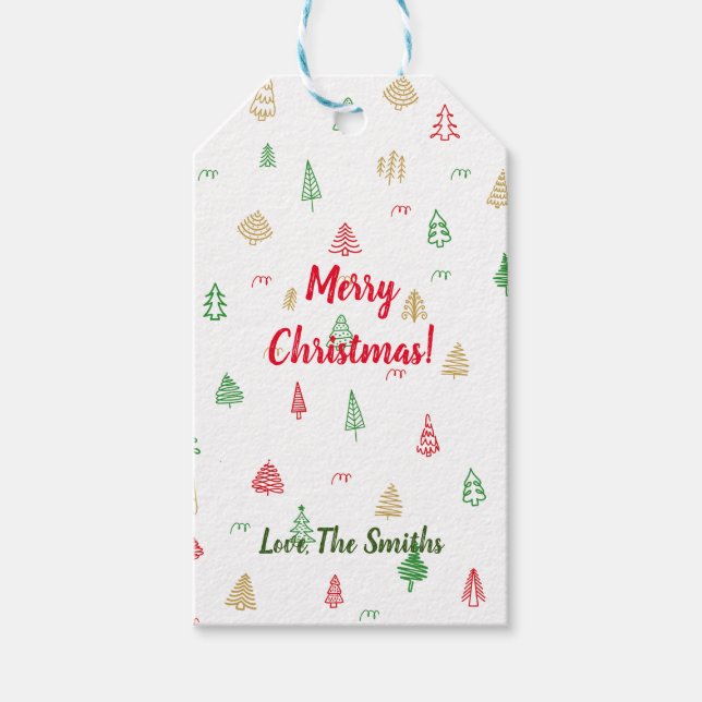 Étiquettes-cadeau Motif Gold Green Red Christmas Trees (Devant)