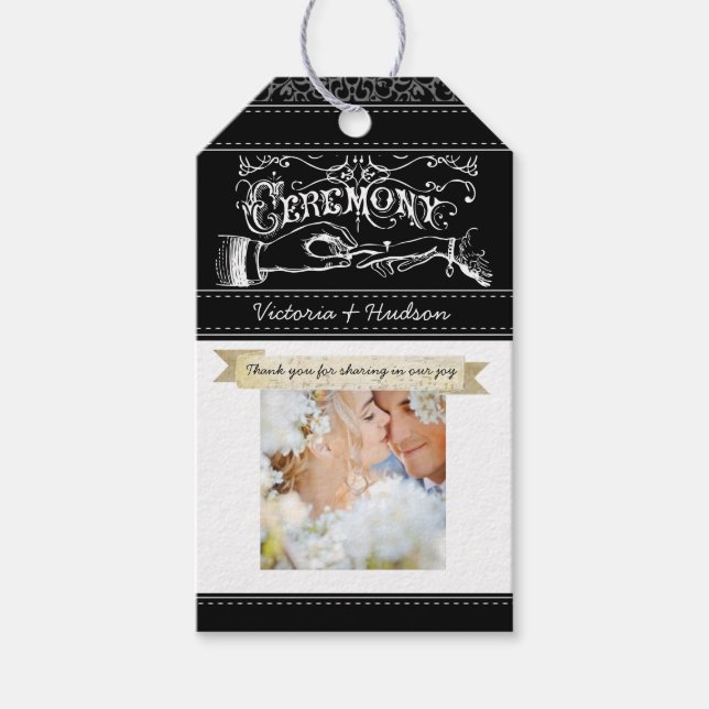 Étiquettes-cadeau Motif Monogramme Mariage Photo Neutre Damas (Devant)