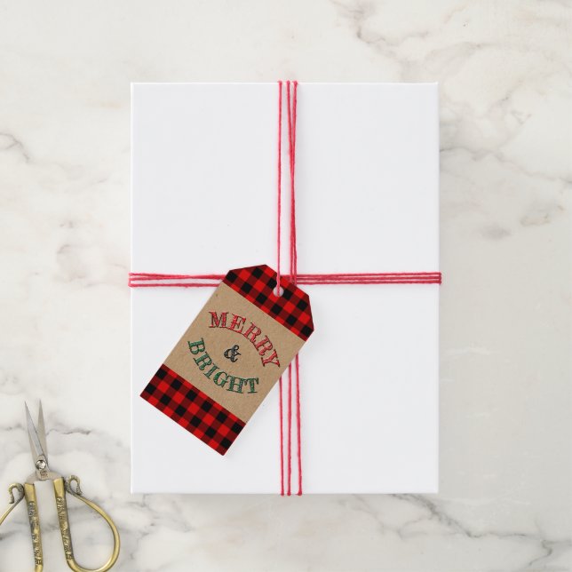 Étiquettes-cadeau Motif Plaid de bison rouge personnalisé (Avec de la ficelle)