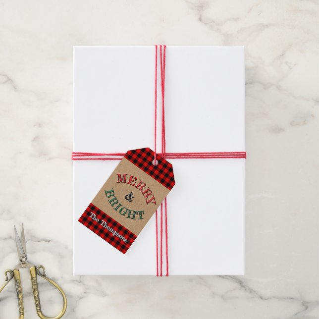 Étiquettes-cadeau Motif Plaid de bison rouge personnalisé (Avec de la ficelle)