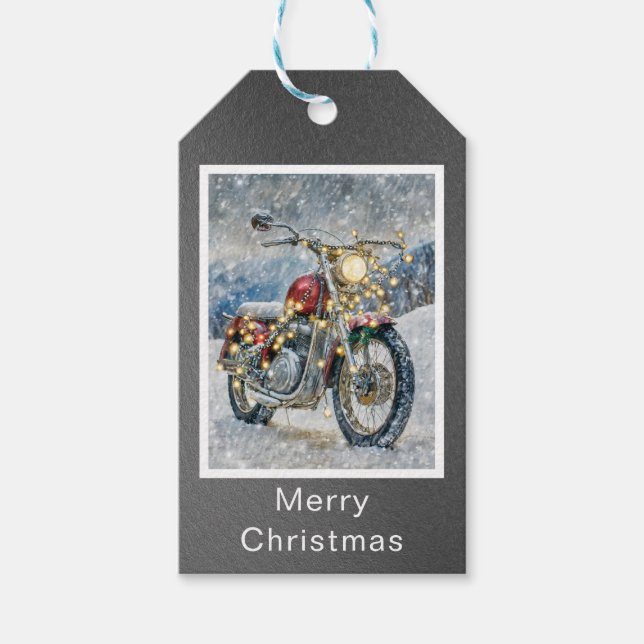 Étiquettes-cadeau Moto rouge avec lumières de Noël (Devant)