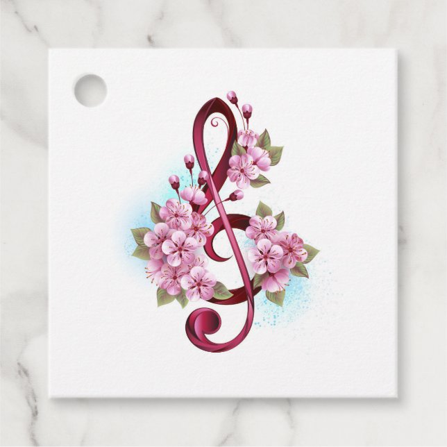 Étiquettes Cadeau Musical treble clef notes with sakura flowers (Devant)