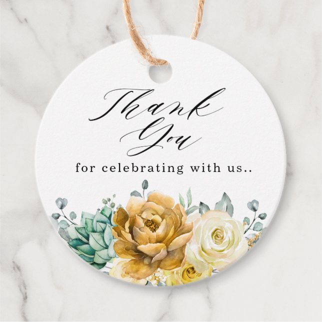 Étiquettes Cadeau Mustard Jaune Floral Sage Vert Mariage moderne (Devant)