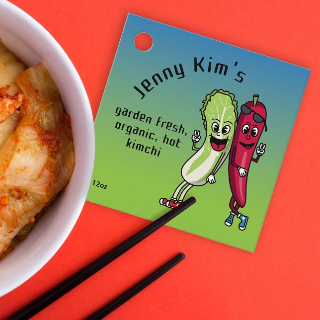 Étiquettes Cadeau Napa et Pepper Pals Drôle Cartoon Carré Kimchi (Créateur téléchargé)