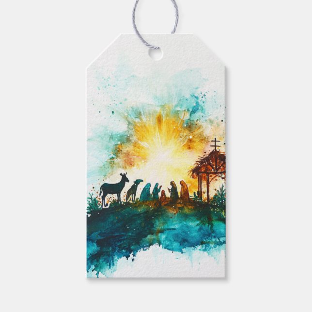 Étiquettes-cadeau Nativité avec animaux et étoile (Devant)