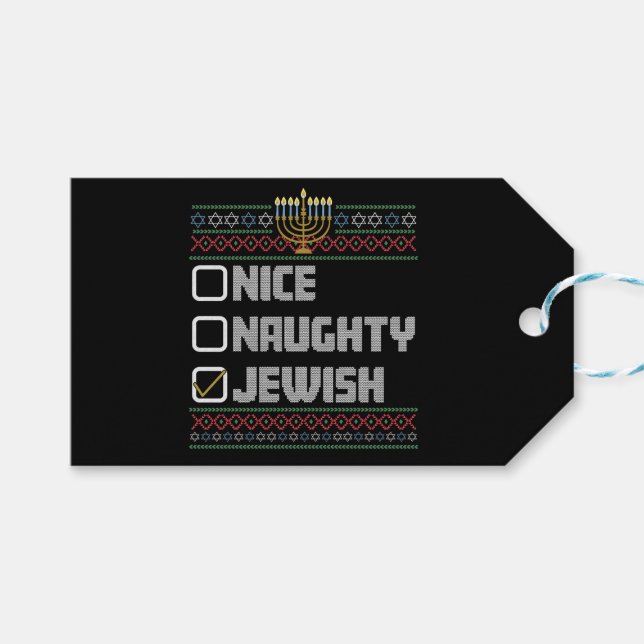 Étiquettes-cadeau Naughty Nice juif Père Noël laide Noël Hanoukka (Devant (Horizontal))