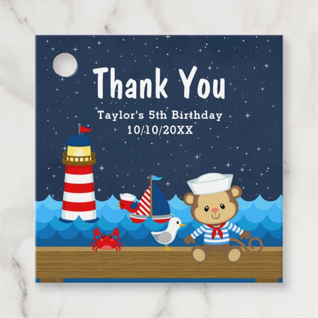 Étiquettes Cadeau Nautical Boy Monkey Red Anniversaire Merci (Devant)