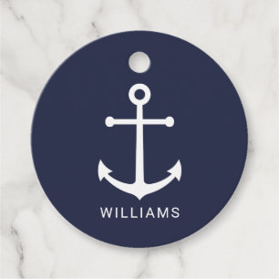 Étiquettes Cadeau Nautical White Anchor and Custom Nom on Navy Blue