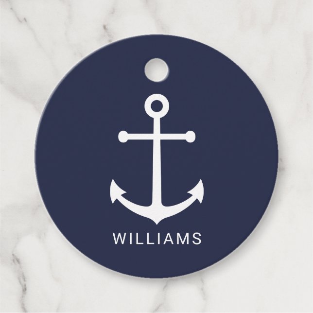 Étiquettes Cadeau Nautical White Anchor and Custom Nom on Navy Blue (Devant)