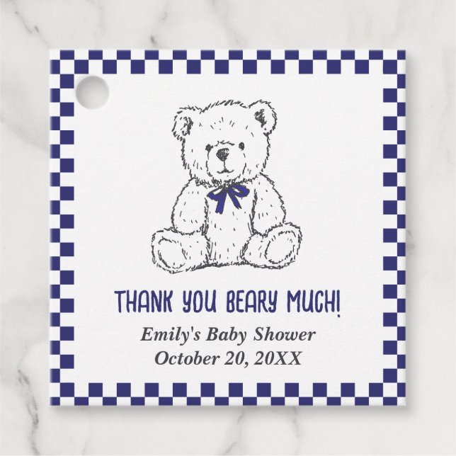 Étiquettes Cadeau Navy Blue À damiers Teddy Bear-Our Little Cub (Devant)