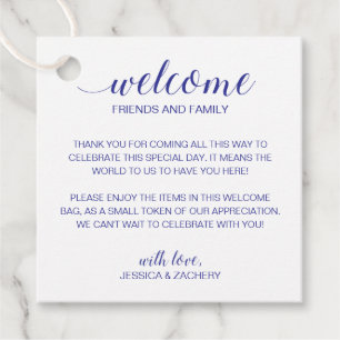 Étiquettes Cadeau Navy Blue Script Wedding Welcome Gift Bag Basket