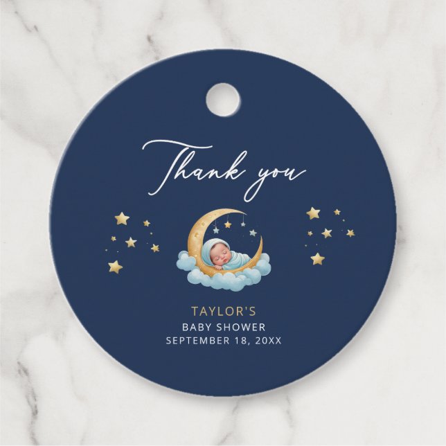 Étiquettes Cadeau Navy Moon Stars Celestial Baby Shower (Devant)
