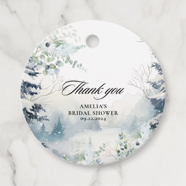 Étiquettes Cadeau Neige amoureuse bleu poussiéreux Mariage d'hiver S (Devant)