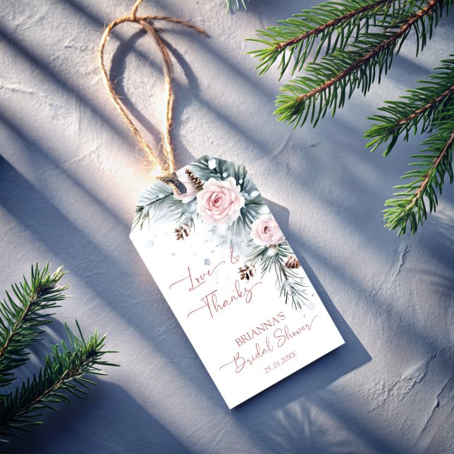 Étiquettes-cadeau Neige en amour neigeux pin d'hiver nuptiale douche (Snow in love snowy pines blush roses winter bridal shower personalized thank you favor gift tags)