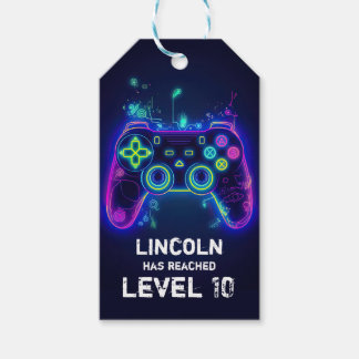 Étiquettes-cadeau Neon Gamer Arcade Video Game Level Up Anniversaire