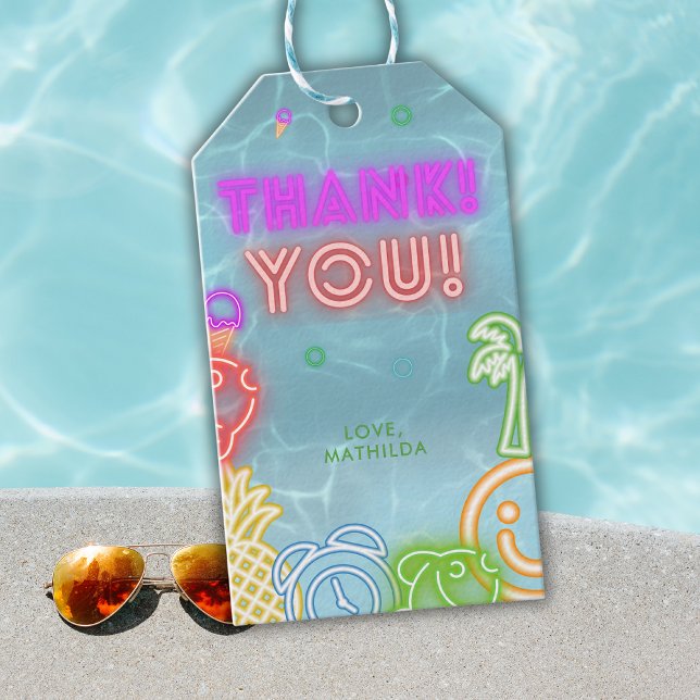 Étiquettes-cadeau Neon Glow Pool Party Any Age Birthday Thank You (Créateur téléchargé)