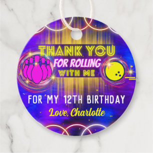 Étiquettes Cadeau Neon Glow Purple Bowling Anniversaire Merci de fêt