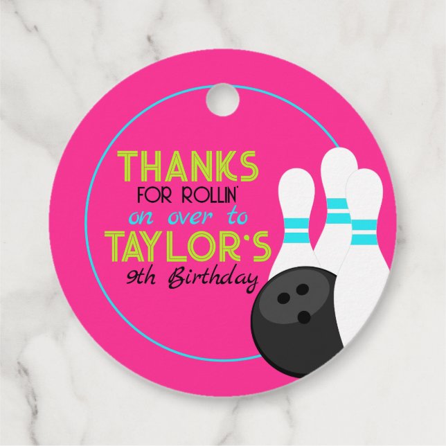 Étiquettes Cadeau Neon Pink Bowling Anniversaire Favoriser Tags (Dos)