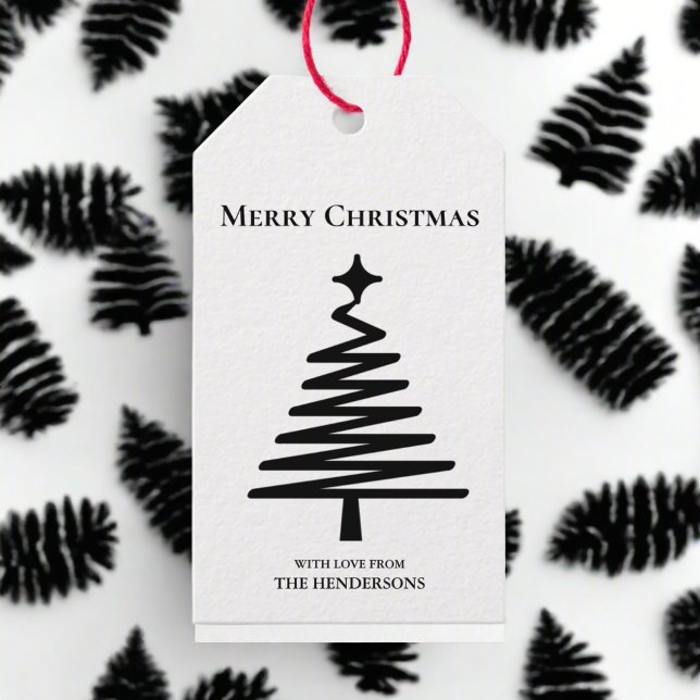 Étiquettes-cadeau Nettoyer Noir et Blanc Noël Arbre Vacances (Créateur téléchargé)