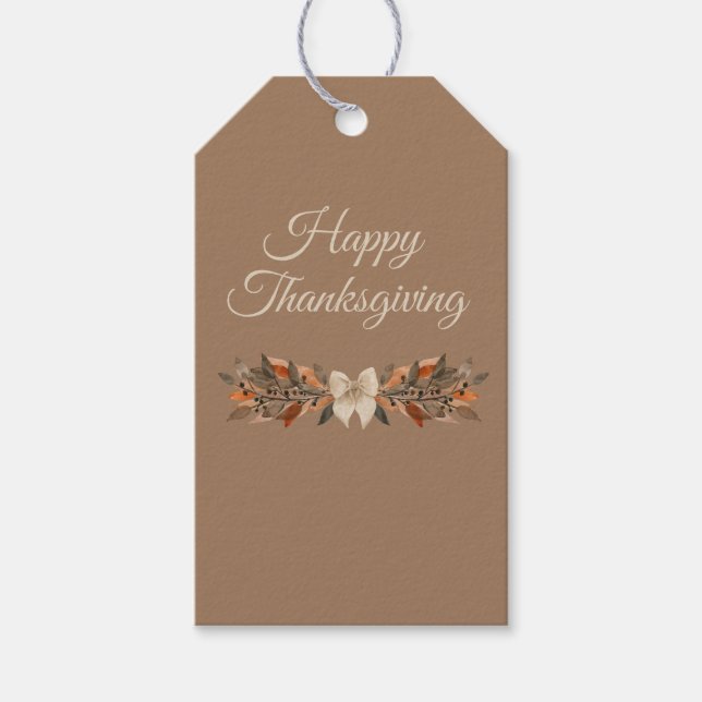 Étiquettes-cadeau Neutral “Happy Thanksgiving” Gift Tag with Leaves (Devant)