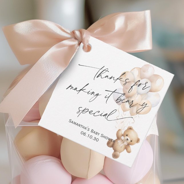 Étiquettes Cadeau Neutre Sur Le Sexe On Peut Attendre Mignonne Ours  (Beige We Can Bearly Wait, Teddy Bear Gender Neutral baby Shower Favor Tags.)