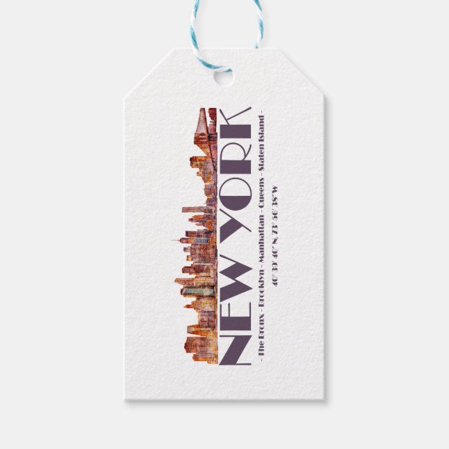 Étiquettes-cadeau New York City Skyline. Boroughs et coordonnées (Devant)