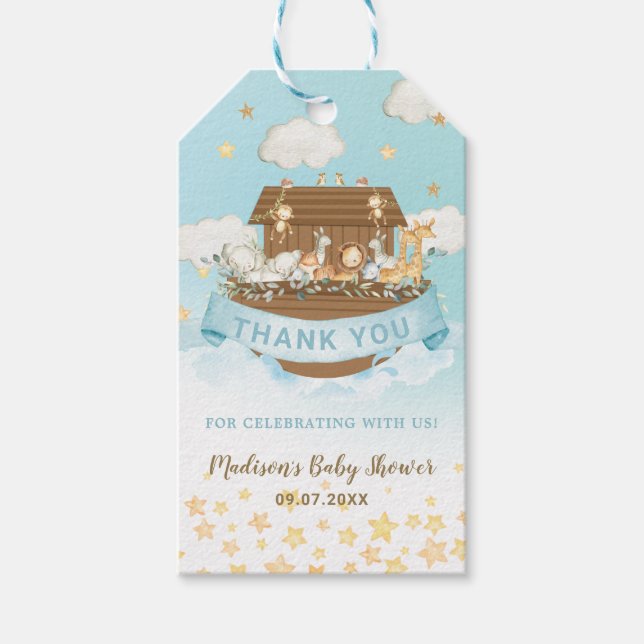 Étiquettes-cadeau Noah's Ark Cute Animaux Garçon Baby shower d'anniv (Devant)