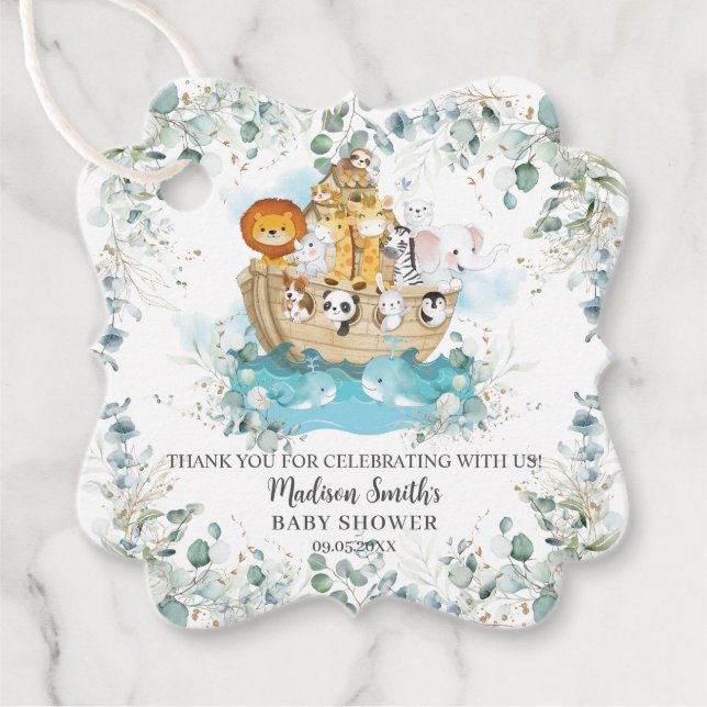 Étiquettes Cadeau Noah's Ark Greenery Baby shower neutre de genre (Devant)
