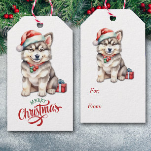Étiquettes-cadeau Noël à la marionnette de Noël à Santa Hat Husky