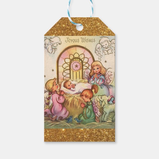 Étiquettes-cadeau Noël Bébé Jésus en Manger Angels (Devant)