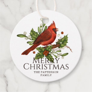 Étiquettes Cadeau Noël Cardinal Rouge Personnalisé avec Houx