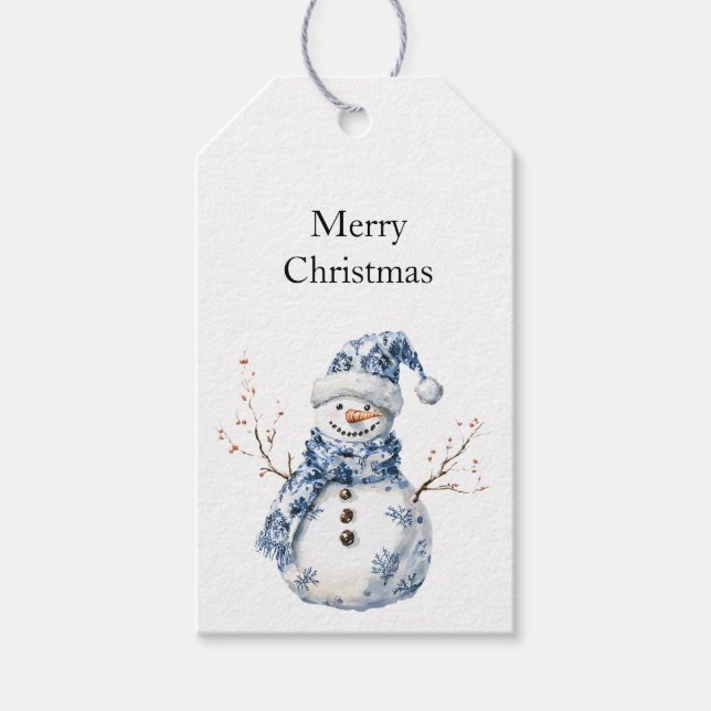 Étiquettes-cadeau Noël Chic Bleu Blanc Snowman (Devant)