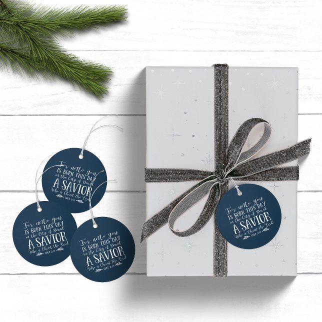 Étiquettes Cadeau Noël chrétien Verset typographie Vacances Bleu (Christian Christmas Verse Typography Holiday Blue Favor Tags)