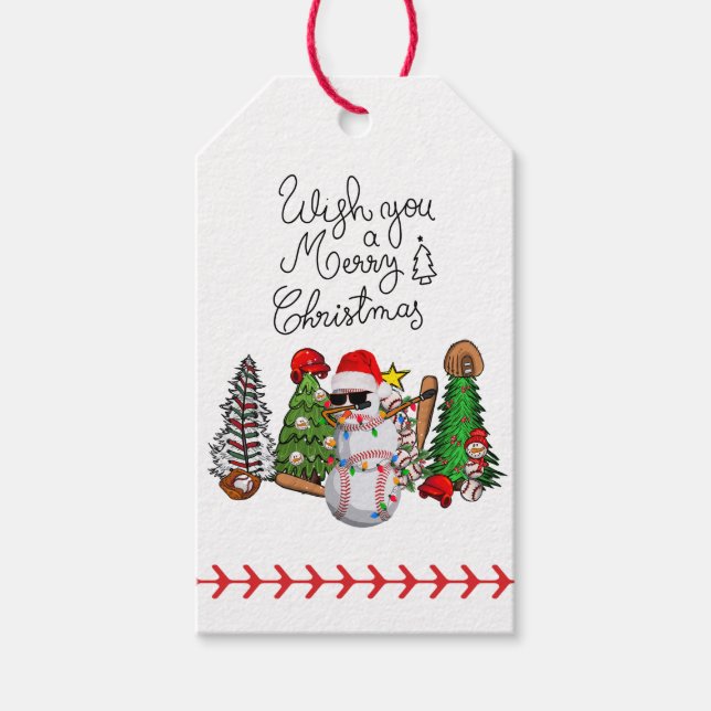 Étiquettes-cadeau Noël de baseball avec cadeaux et balle (Devant)