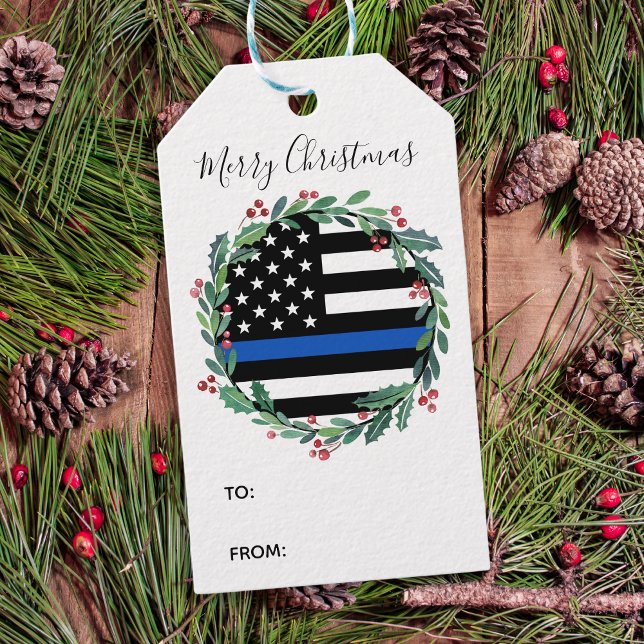 Étiquettes-cadeau Noël de la police en ligne bleue mince (Créateur téléchargé)