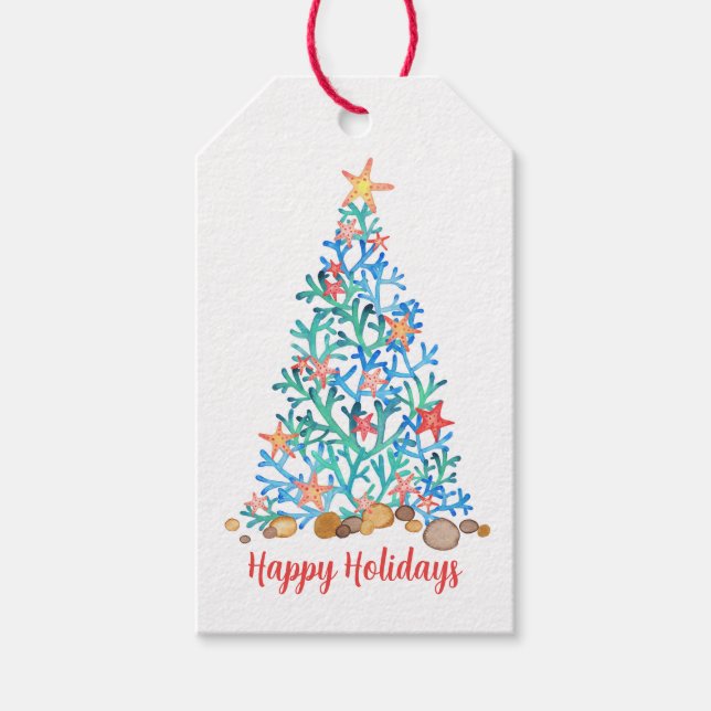 Étiquettes-cadeau Noël de plage, Starfish & Shells (Devant)