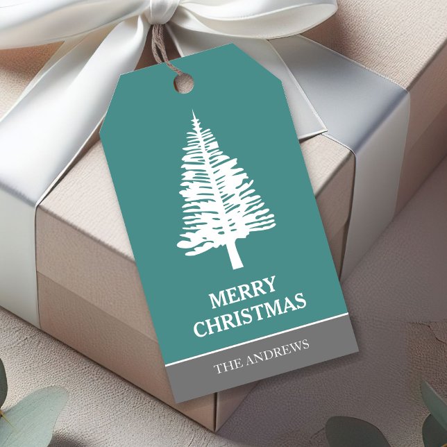 Étiquettes-cadeau Noël des pins turquoises et blancs (Créateur téléchargé)