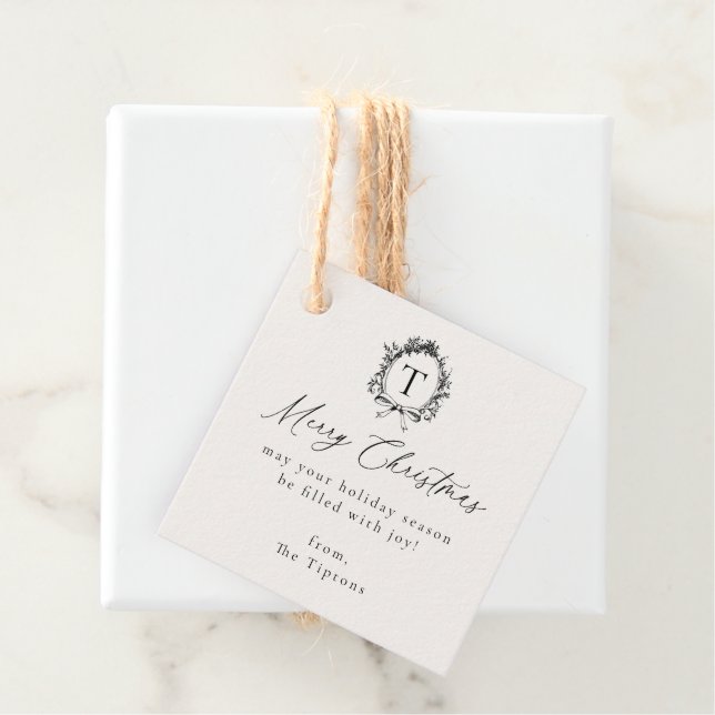 Étiquettes Cadeau Noël du Monogramme botanique vintage (En situation)