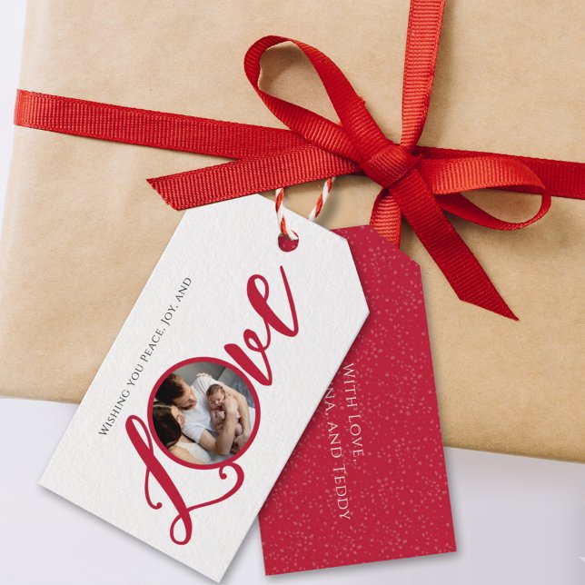 Étiquettes-cadeau Noël Écriture Calligraphique Moderne d'Amour Photo (Christmas holiday Love photo typography gift tag)