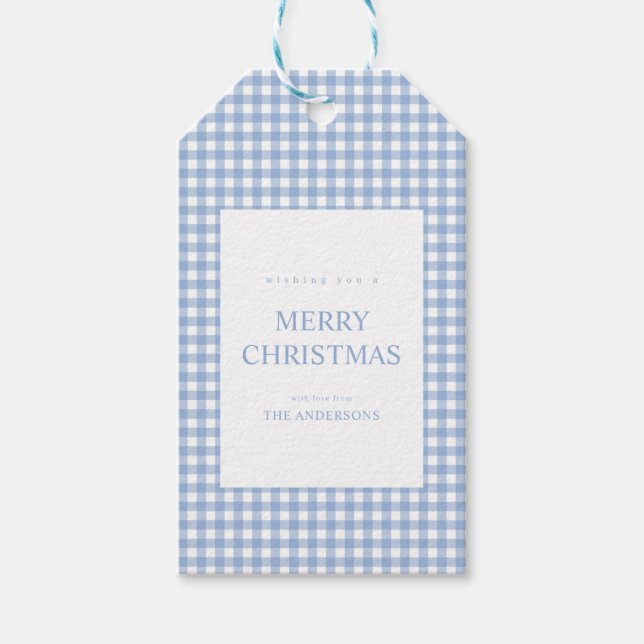 Étiquettes-cadeau Noël En vichy bleu (Devant)