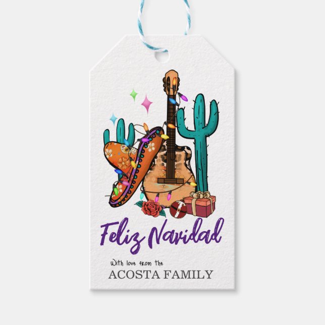 Étiquettes-cadeau Noël Feliz Navidad Cactus Sombrero (Devant)