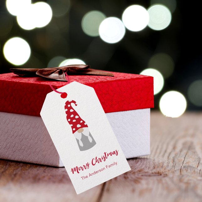 Étiquettes-cadeau Noël gnome rouge blanc nom de famille mignon (Créateur téléchargé)