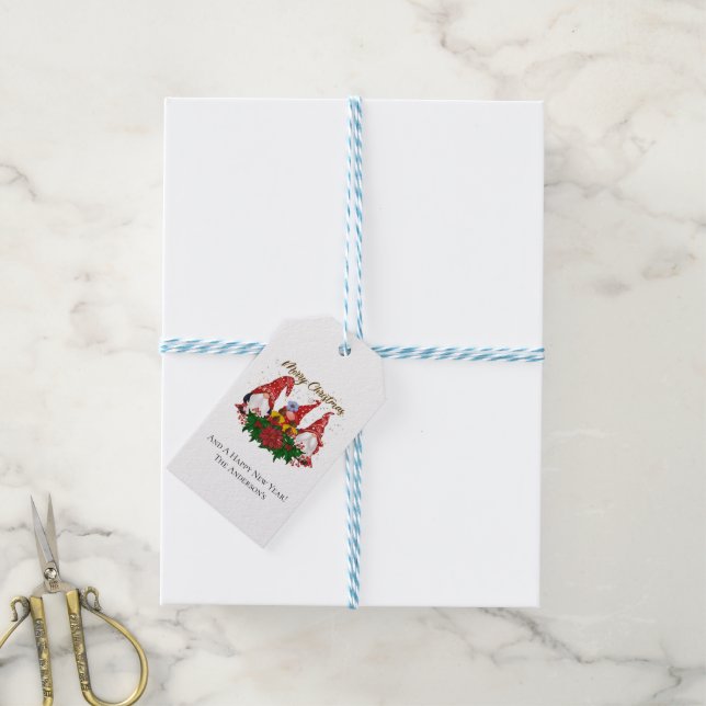 Étiquettes-cadeau Noël Gnomes Poinsettia Whimsical Woodland (Avec de laficelle)