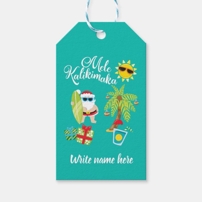 Étiquettes-cadeau Noël hawaïen. Père Noël Mele Kalikimaka. (Devant)