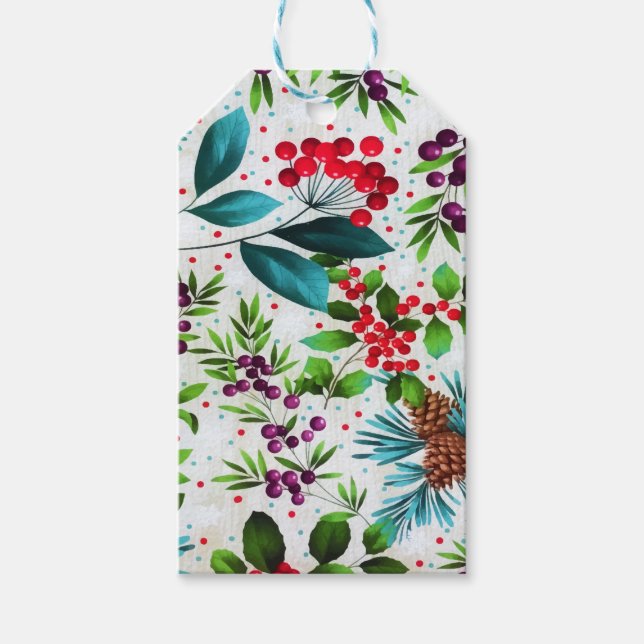 Étiquettes-cadeau Noël hiver Bois Nature Holly Berry Pinecones (Devant)