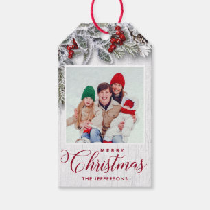 Étiquettes-cadeau Noël Holly Pine Branch Rustique PHOTO Holiday