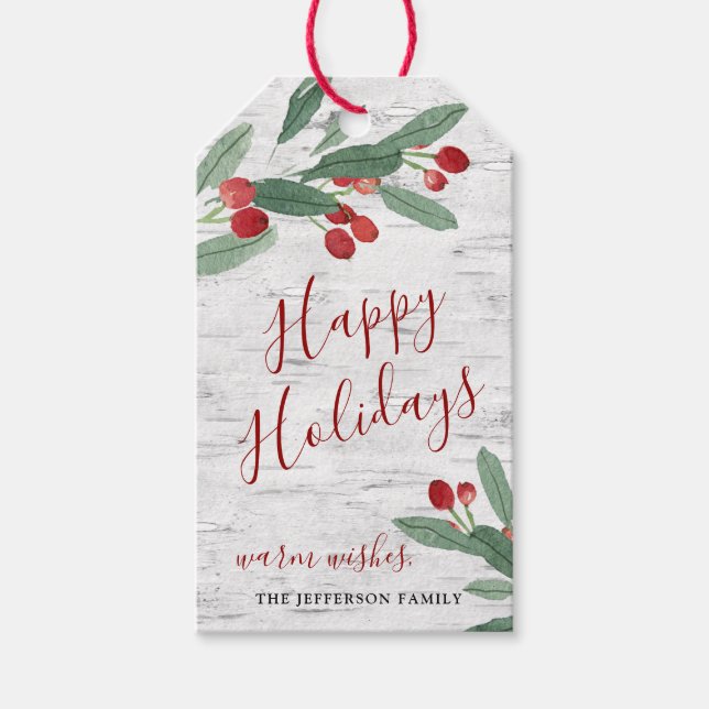 Étiquettes-cadeau Noël Holly Rustic Joyeux Joyeux Vacances Blanc éco (Devant)