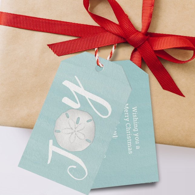 Étiquettes-cadeau Noël Joyeux Jote Typographie Sable Dollar (Turquoise blue ocean sand dollar JOY typography gift tag)